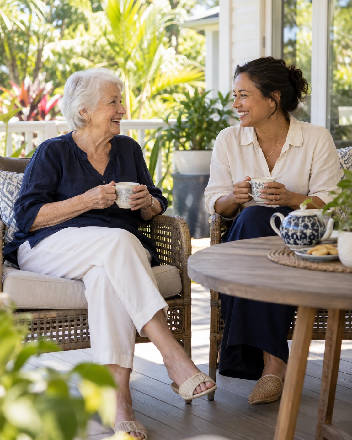 Illustrative scene of an older woman and a companion sharing a conversation at home; not Carevelle clients.